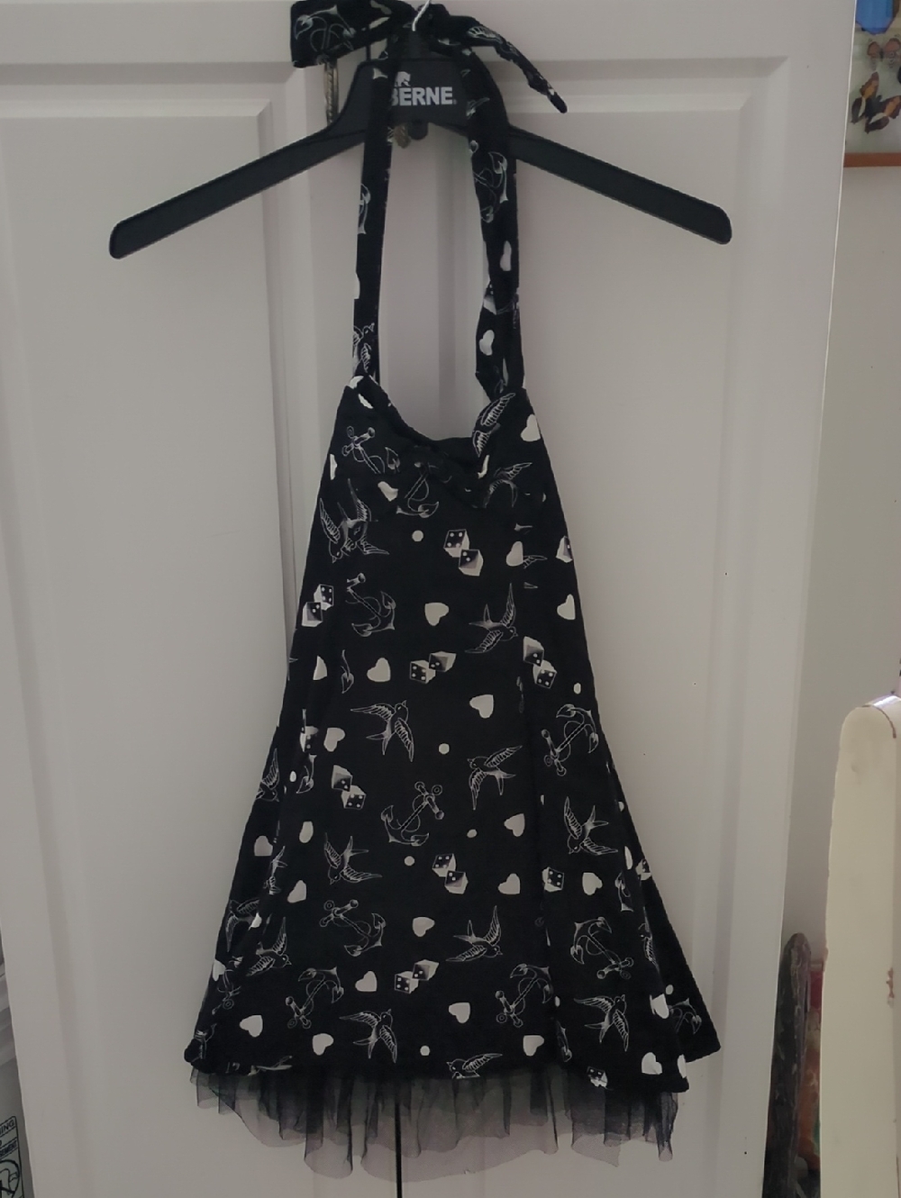 Hearts And Roses Black Halter Dress with White Print - Women